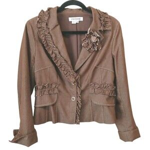 Phoebe Brown Denim Jacket Sz 10 Stitching Flower Ruffles Fitted Feminine Lined